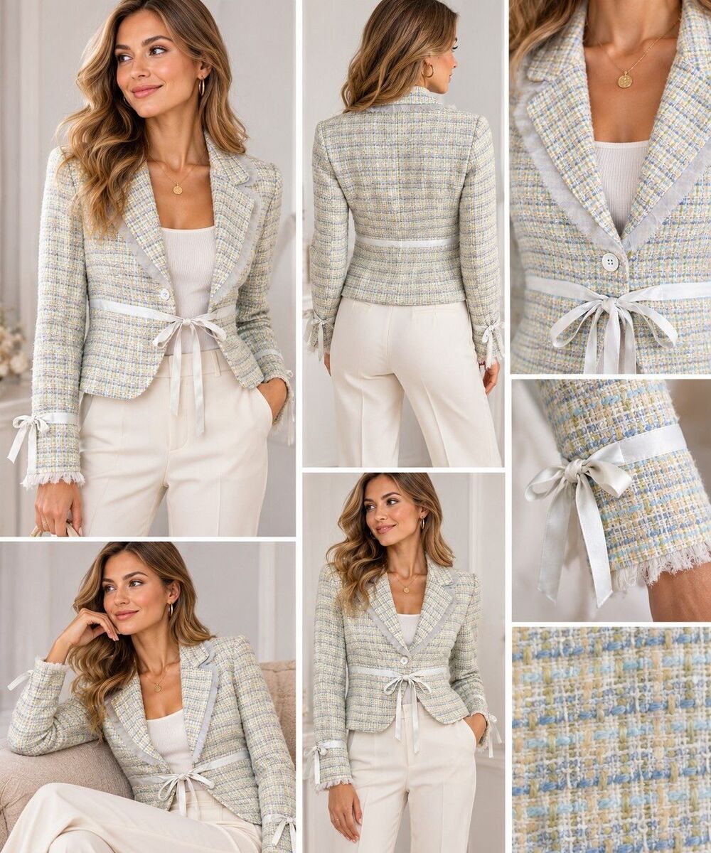 Laundry by Shelli Segal Tweed Boucle Jacket Size 0 Silk Trim Y2K Made in USA